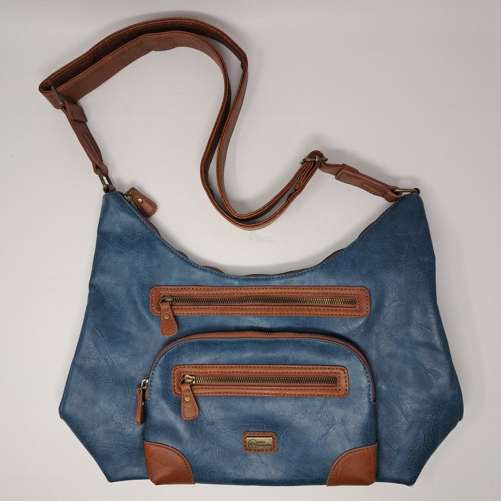White Mountain Crossbody Shoulder Bag Slate Blue Brown Faux Leather Purse Pocket